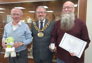 Photograph showing Councillor Ian Gray, Mayor Councillor Carl Robinson & recipient of the Community Recognition award, Brian Rendell and Tidy Ted
