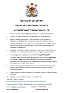 Notice of Co-Option of Town Councillor at Great Aycliffe Town Council. Closing date for applications is Friday 22 May 2026. Contact the offices on 01325 300700 for information.